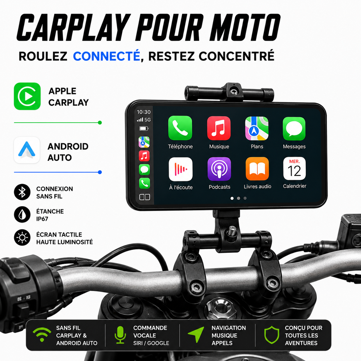 Écran GPS CarPlay/Android Auto pour moto — 6 pouces IP67 Riderkit
