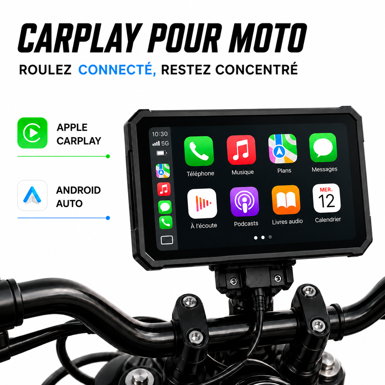 Écran GPS CarPlay Android Auto pour moto 6 pouces IP67 vue principale