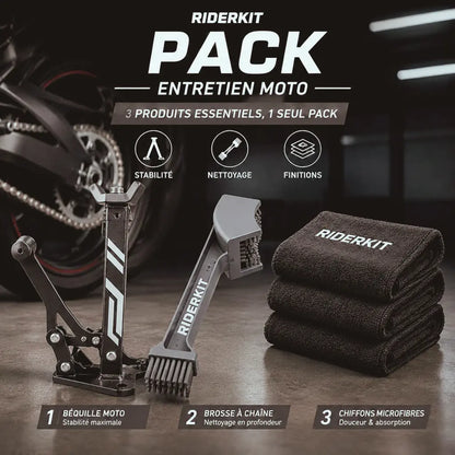 Pack entretien moto - béquille entretien moto pliable + 2 Brosses + 3 chiffons Riderkit